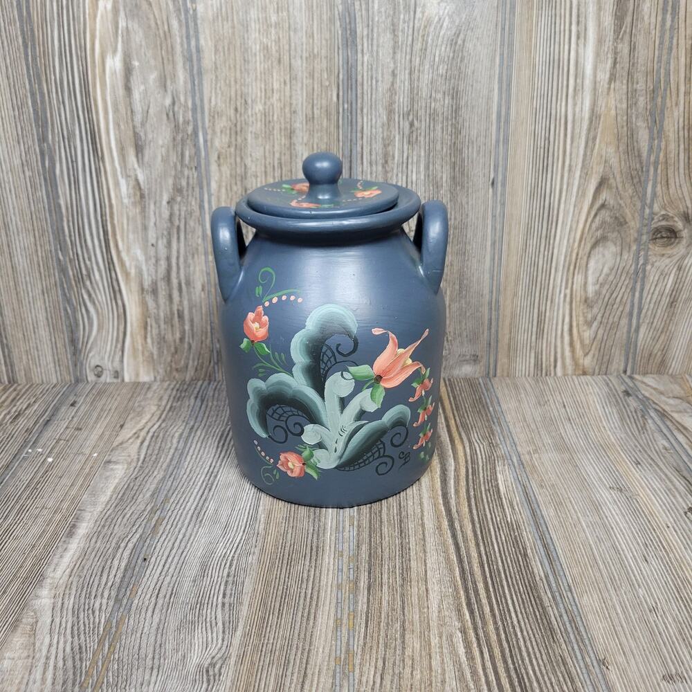 Vintage Rosemaling Crock Canister, 6-1/4" Jar with Lid, Folk Art